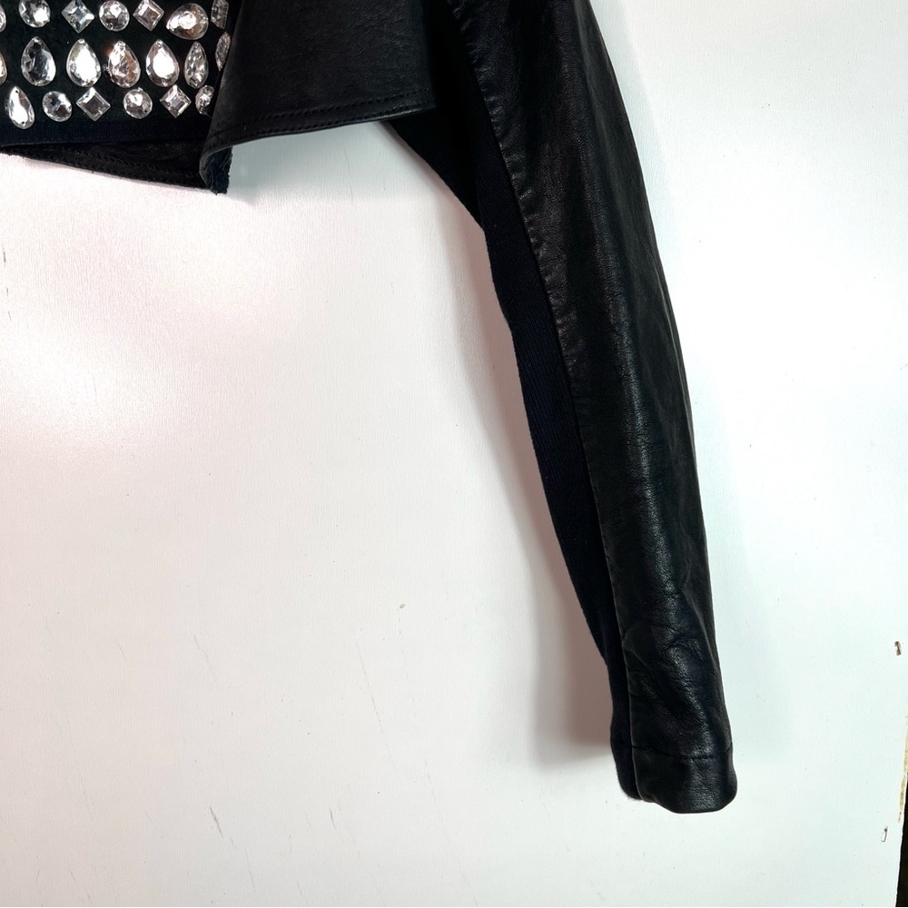 All Saints Spitalfields Cropped Leather Jacket with Rhinestones Black - Picture 4 of 10